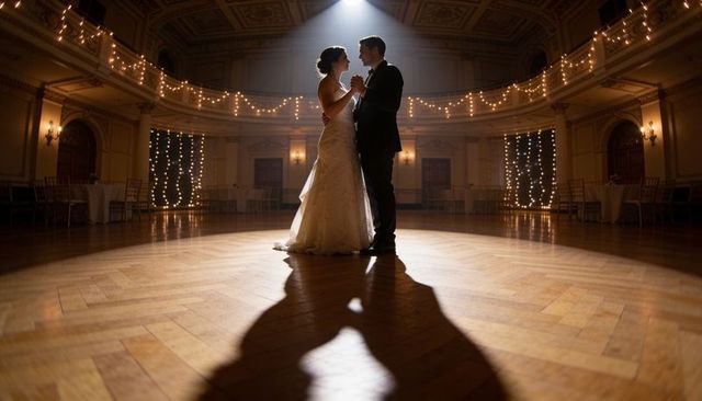 Couple dancing first dance under spotlight in ornate ballroom with string lights