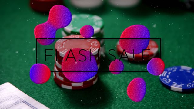 Dynamic animation featuring poker chips and a 'Flash Sale' overlay, ideal for promotions related to gambling, marketing campaigns, or gaming events. Use in digital advertisements to grab viewers' attention with colorful and engaging visuals.