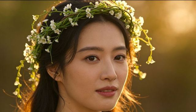 Sunlit woman wearing white flower crown, golden hour portrait, soft bokeh