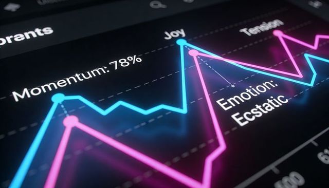 Neon emotion analytics dashboard displaying glowing cyan and magenta line graphs