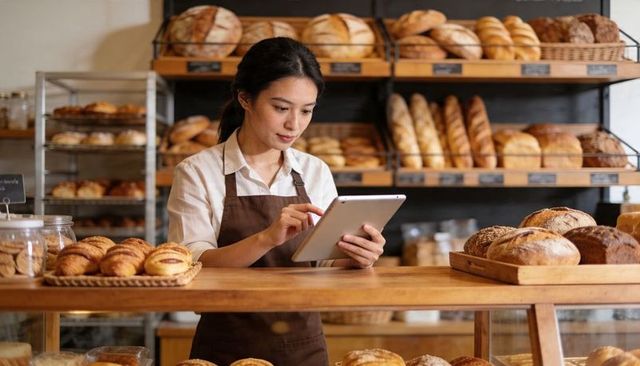 Bakery employee using tablet behind rustic artisan bread display, managing pastry counter