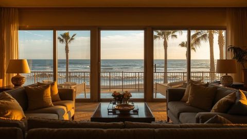 Sunset-lit beachfront living room with ocean view, balcony seating, palm trees and warm coastal deco