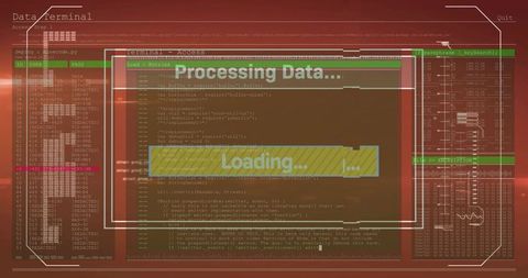 Translucent Loading Modal Displaying Processing Data on Cyber Dashboard with Terminal Code