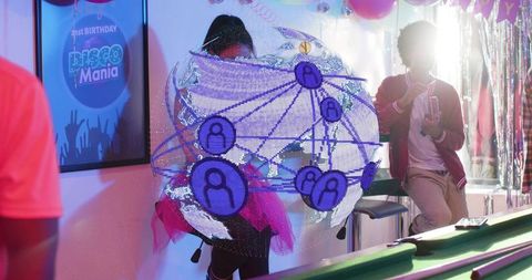 Vibrant neon party scene with dancing woman in pink tutu and holographic social globe