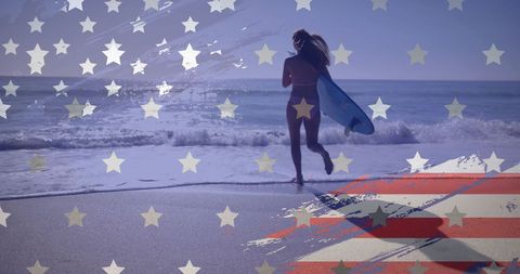 Surfing Woman Embracing Beach Freedom with Patriotic Elements