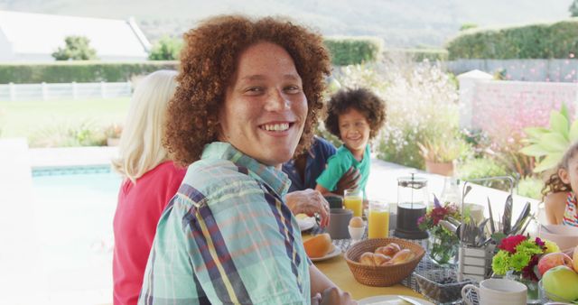 Family Enjoying Outdoor Breakfast by Pool on Sunny Morning - Download Free Stock Images Pikwizard.com