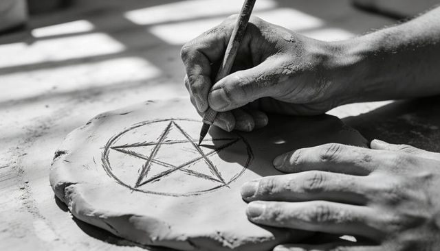Artisan Carving Pentagram into Clay Slab Closeup, Hands Etching Geometric Ceramic Design
