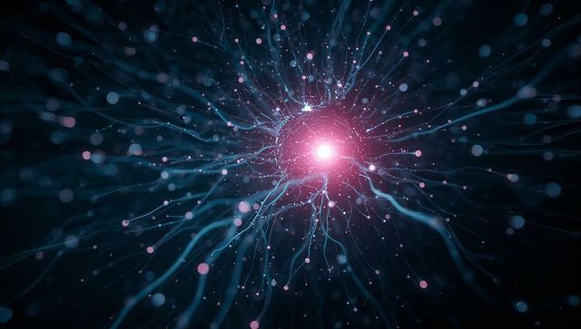 Glowing neural core radiating blue filaments and pink nodes for futuristic ai network