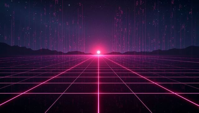 Neon magenta grid horizon, cyber sundown and vertical code rain in retro futuristic style