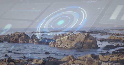 Futuristic Navigation Overlaid on Coastal Rocky Shoreline