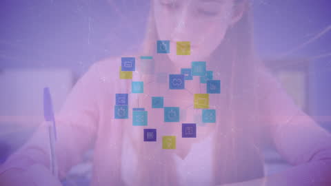 Digital Network and Learning Icons Overlaid on Student Study