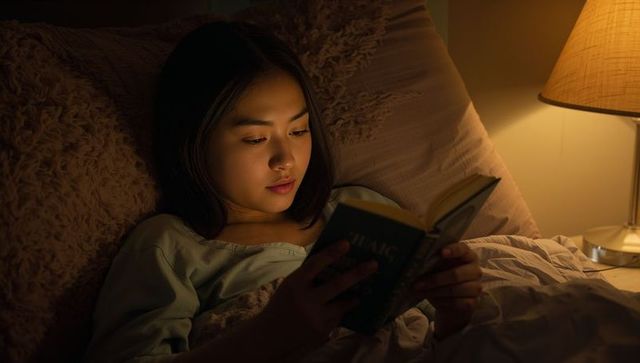 Teen reading in bed under warm lamp light cozy nighttime reading ritual