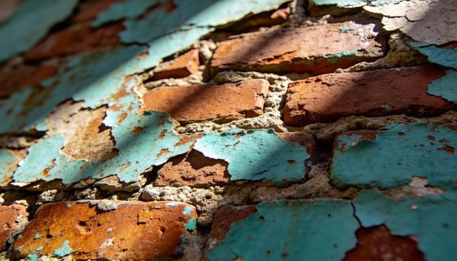 Peeling turquoise paint revealing weathered red brick texture with cracked mortar