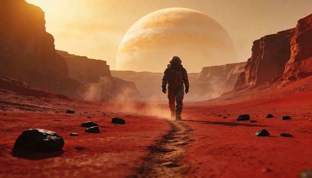 Walking astronaut crossing red canyon leaving dusty trail under rising gas giant