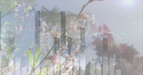 Orchard blossom blending with market charts, pastel double exposure for finance and nature