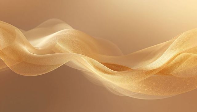 Gliding golden silk wave with sparkling glitter over warm minimalist gradient background