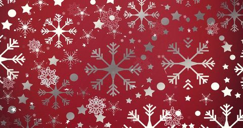 Snowflakes and Stars Falling on Red Holiday Background