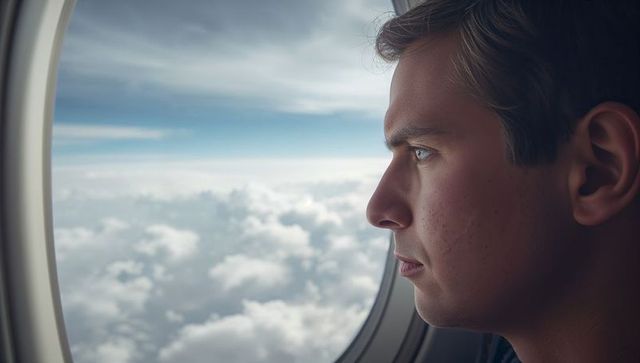 Young man gazing through airplane window above cloudscape contemplative travel portrait