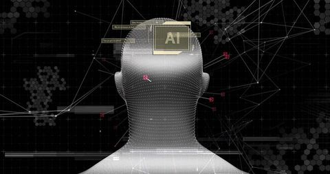 Futuristic Metallic Head Undergoing Neural Scan with AI Interface and Wireframe Mesh
