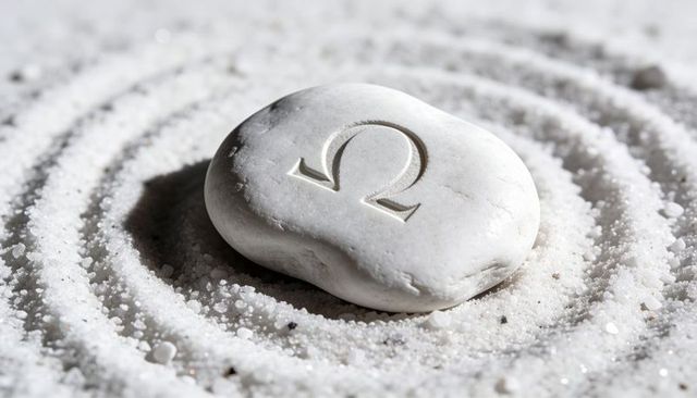 White pebble engraved with omega symbol resting in raked sand spiral for zen minimalism
