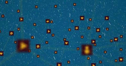 Digital network connections amidst snowfall on blue background