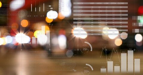 Finance technology concept with city lights and data visuals