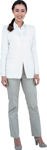 Transparent smiling businesswoman in white suit jacket standing