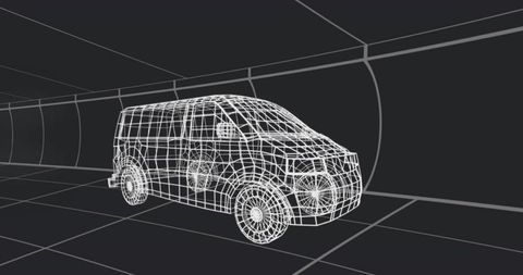 Wireframe van simplistically traversing futuristic tunnel