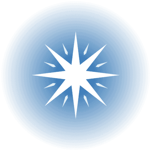 Shining starburst icon on blue circle with transparent background