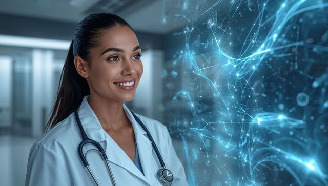 Female physician viewing holographic neural network in futuristic hospital corridor