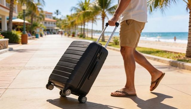 Traveler walking along sunny beachfront promenade pulling black rolling suitcase by resort