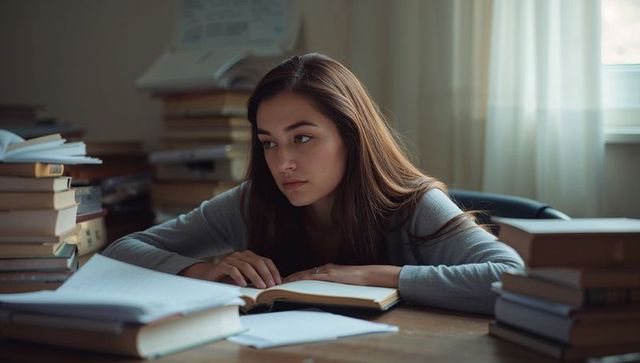 Pensive student leaning over open books, focusing during quiet home study session in daylight