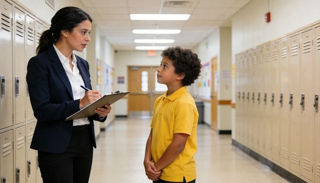 Teacher taking notes while speaking with elementary student in school hallway near lockers