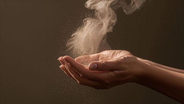 Cupped hands releasing fine powder plume over warm brown backdrop, concept of release
