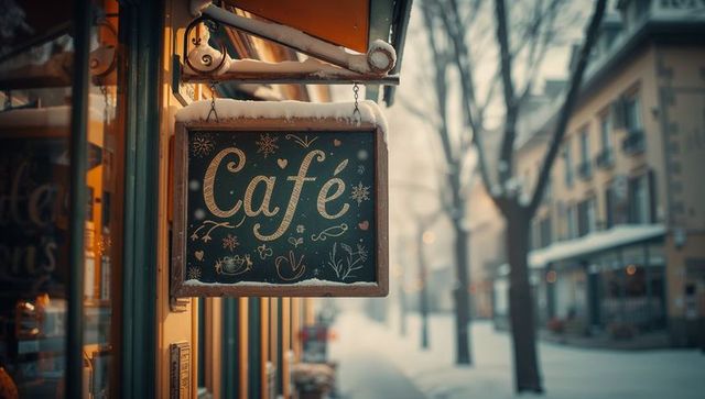 Charming snow-covered cafe sign on winter street