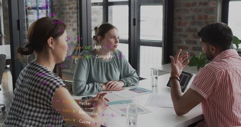 Security team reviewing cyber risk and data analytics during strategy meeting