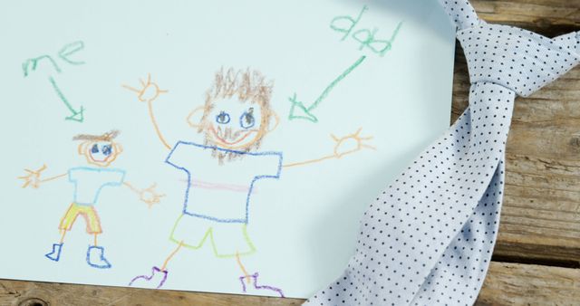 Child's Drawing with Dad and Tie on Wooden Table - Download Free Stock Images Pikwizard.com