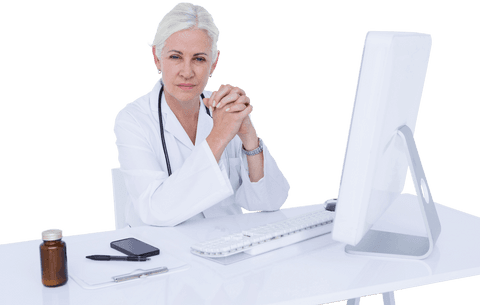 Transparent professional doctor at computer in office setting