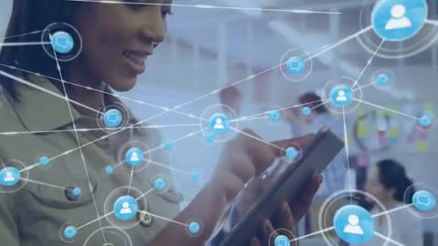 Woman Engaging with Digital Network Interface on Tablet