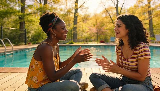 Sunlit friends clapping and chatting by backyard pool on wooden deck at golden hour