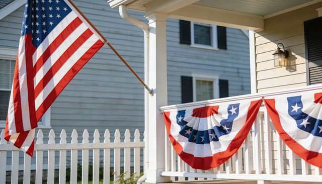 Sunlit american flag and patriotic red white blue bunting decorating classic front porch