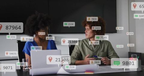 Team collaborating in modern boardroom with digital analytics overlays and ui notifications