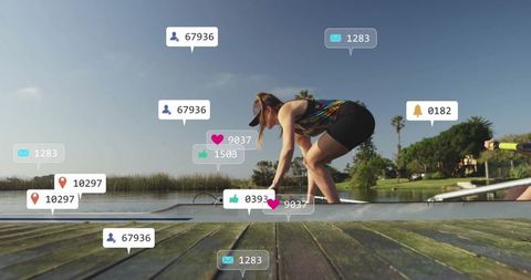 Athlete Preparing Shell for Rowing at Lakeside with Social Media Icons
