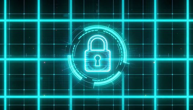 Glowing cyan padlock hud over neon grid symbolizing cybersecurity and encryption