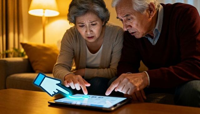 Senior couple navigating tablet touch interface at home evening, discovering technology