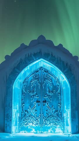 Aurora drifting over frozen courtyard triggering pulsing ice door in vertical fantasy loop