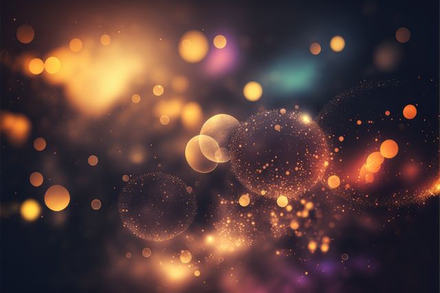 Abstract glowing bokeh lights in warm tones used for creating a festive and dreamy atmosphere. Perfect for holiday backgrounds, party invitations, social media posts, and decorative elements. The mix of soft focus and vibrant colors adds a touch of elegance and warmth.