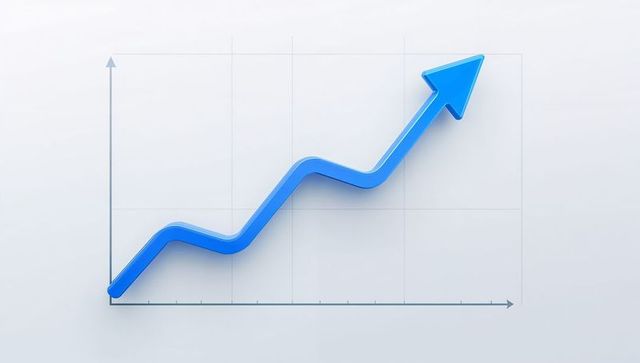 Glossy blue 3D rising arrow on digital chart showing upward trend and business growth