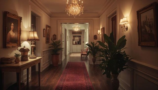 Leading elegant mansion hallway featuring crystal chandeliers and red runner carpet