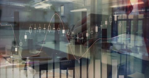 Touchscreen Display with Candlestick Chart in Modern Office